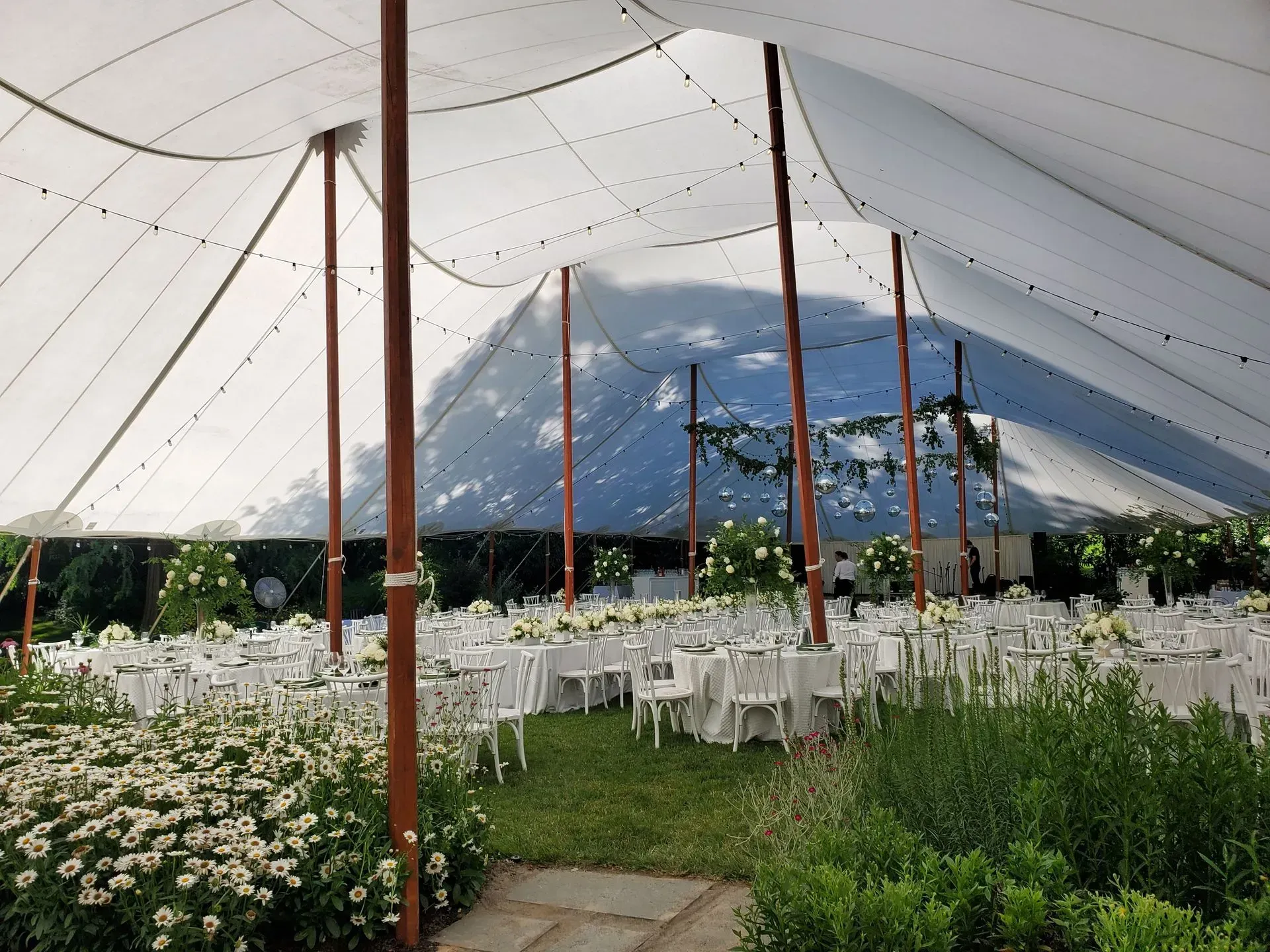 A large white tent set up for an outdoor event, featuring rows of dining tables, white chairs, and floral decorations.