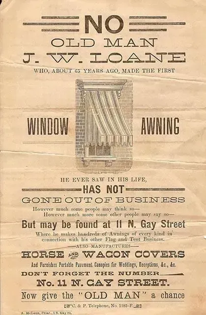 A vintage advertisement for J.W. Loane’s awning and cover business at 11 N. Gay Street, featuring an illustration of an awning.