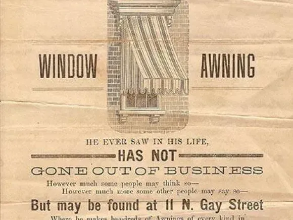 A vintage advertisement for a window awning business located at 11 N. Gay Street, featuring an illustration of an awning.