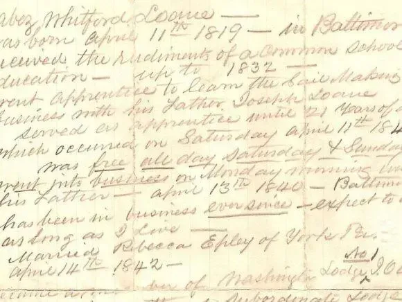 A handwritten biographical record dated April 1819 regarding a man named Whitford Loomis, detailing his apprenticeship.