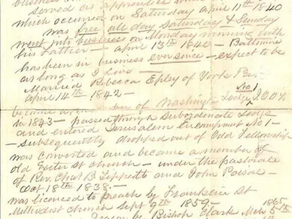 Handwritten biographical notes on aged, yellowed paper, documenting life events from 1838 to 1865.