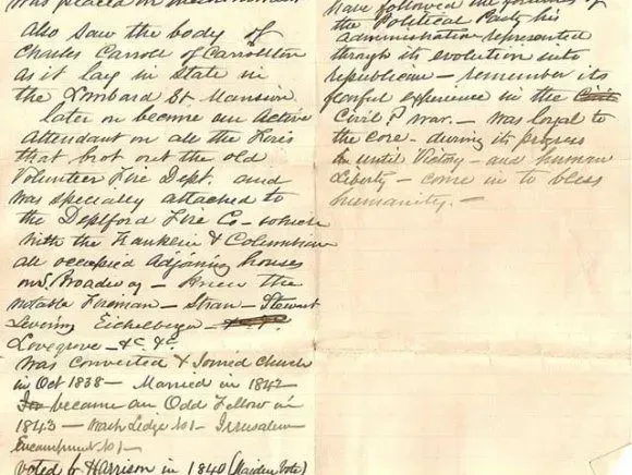A handwritten document with two columns of cursive text detailing biographical events and political affiliations.