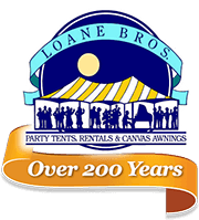 Logo for Loane Bros. party rentals featuring a yellow and white striped tent, event silhouettes, and "Over 200 Years" text.