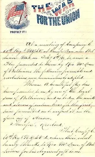 Handwritten document with an American flag header labeled The War for the Union, detailing a meeting from 1864.