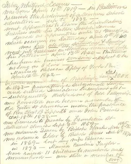 Handwritten personal history document featuring biographical milestones, dates, and life events in cursive script.