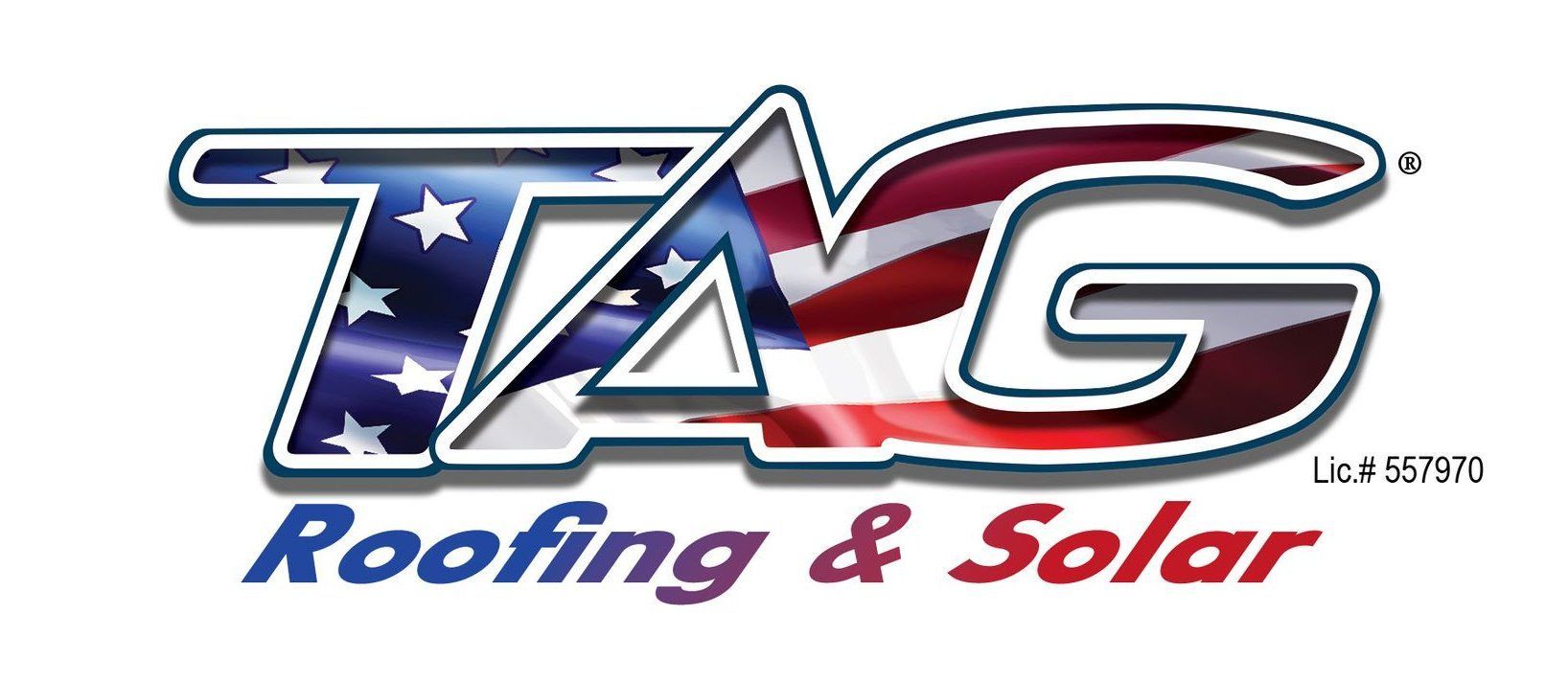 A tag construction and roofing logo with an american flag on it
