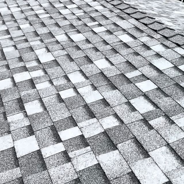 A black and white photo of a roof with shingles.