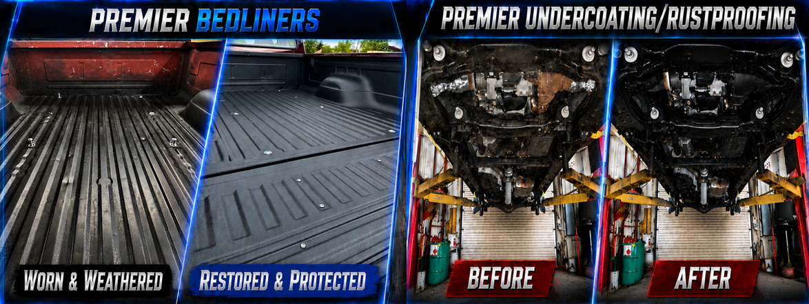 Before-and-after bedliners and black engine bay restored, with labels and red/blue arrows.