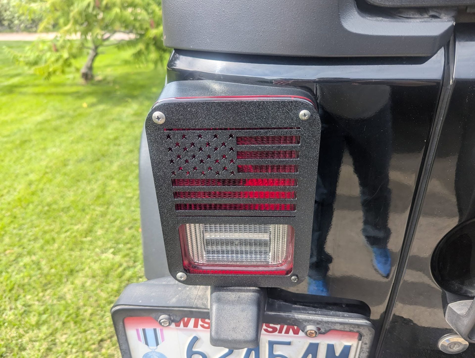 Close-up of a black vehicle’s rear taillight, with a partial license plate and grassy background.