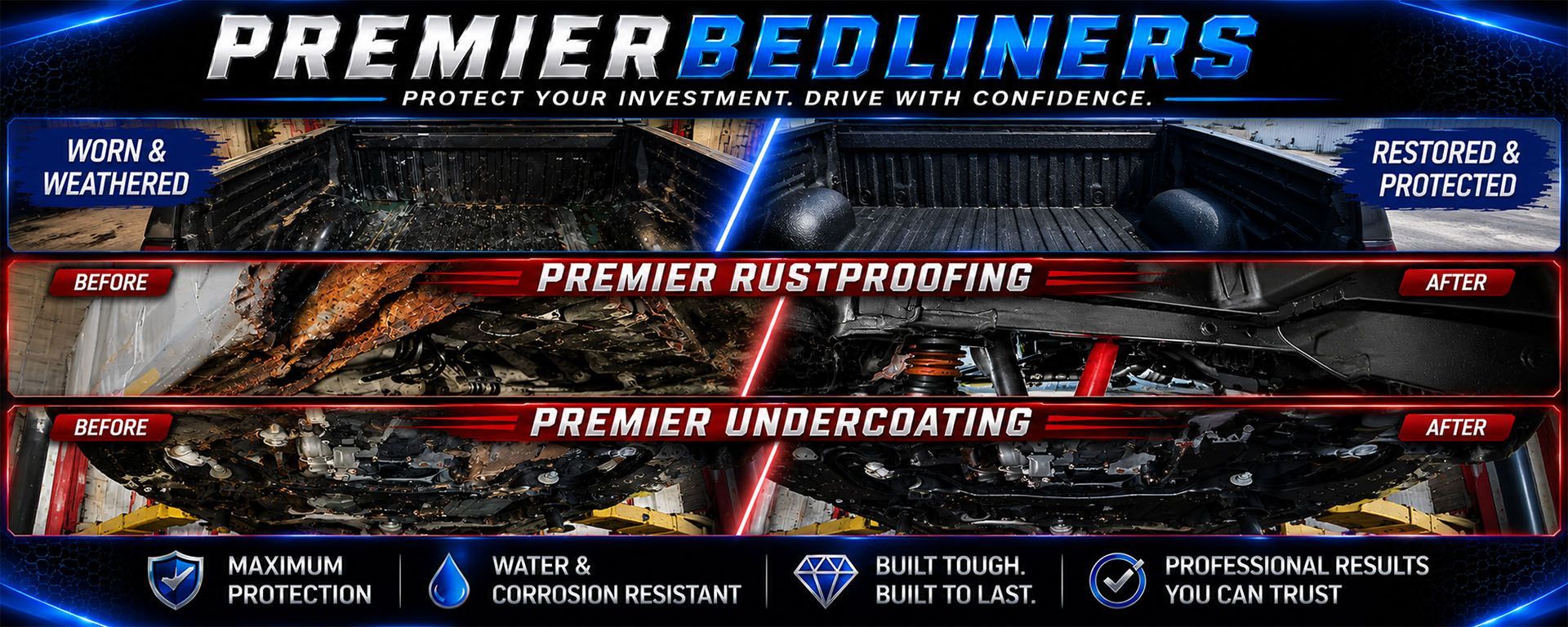 Premier Bedliners banner with red trucks, blue header, and services for rustproofing and undercoating