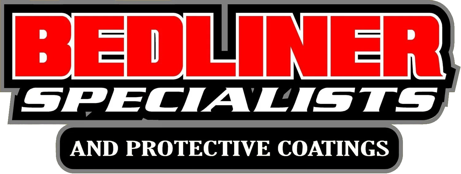 Red and black &ldquo;Bedliner Specialists&rdquo; logo with &ldquo;and protective coatings&rdquo; in white text on a black bar