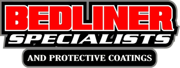 Red and black &ldquo;Bedliner Specialists&rdquo; logo with &ldquo;and protective coatings&rdquo; in white text on a black bar