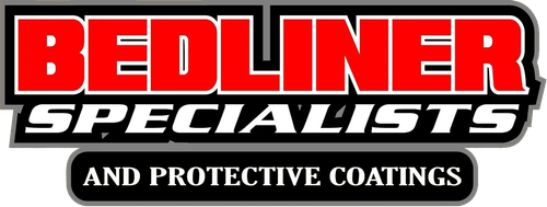 Red and black &ldquo;Bedliner Specialists&rdquo; logo with &ldquo;and protective coatings&rdquo; in white text on a black bar