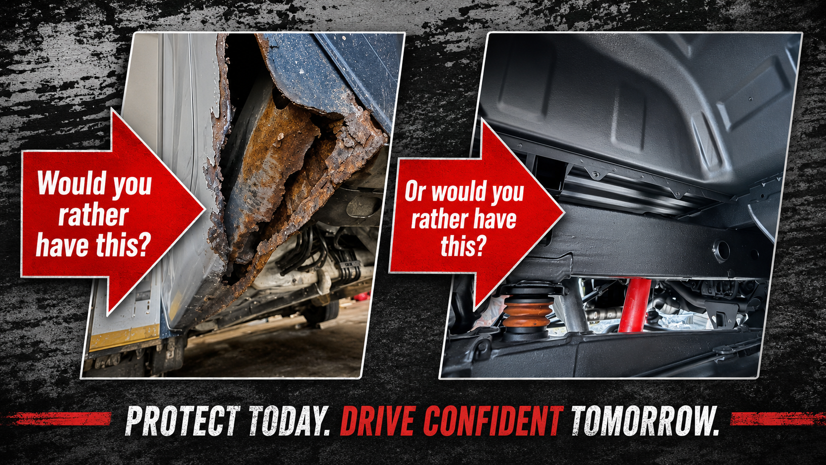 Two-car insurance ad: red pickup crash and dark SUV; text says “Would you rather have this? Or this?”