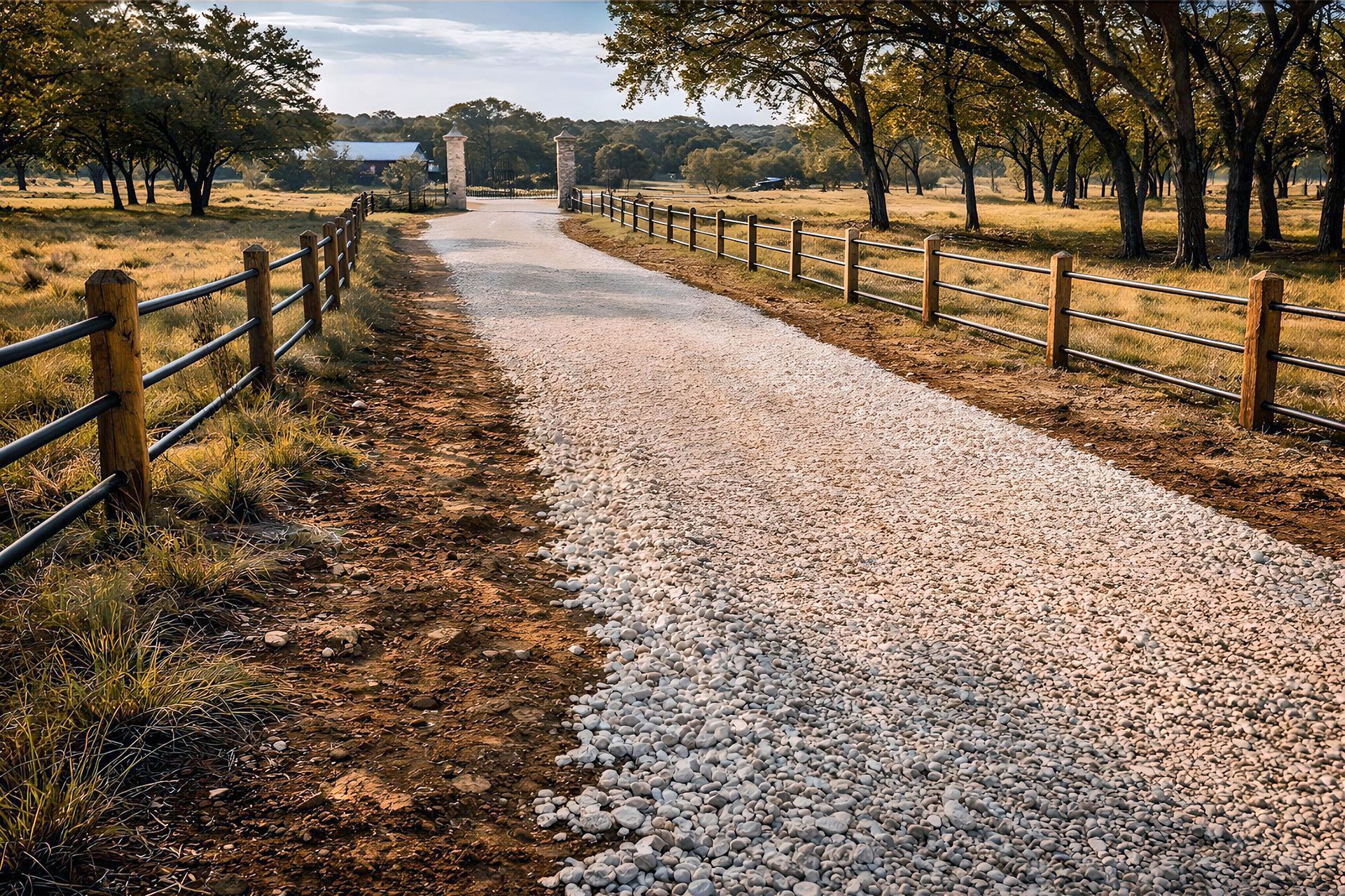 Gravel driveway with wooden fences on either side leading towards an archway and buildings in the distance.