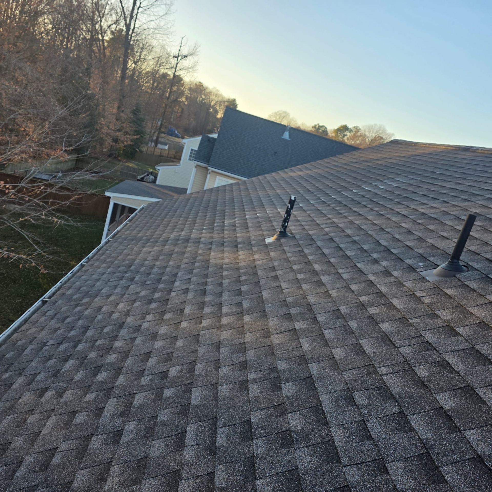 View of a brown asphalt shingle roof with vent pipes against a sunny outdoor backdrop.