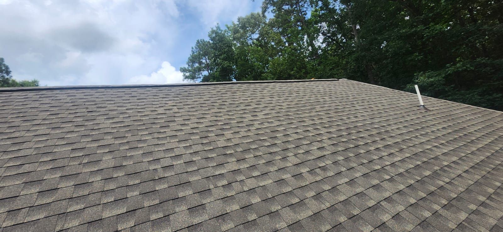A gray asphalt shingle roof, with a clear blue sky, partially covered by clouds, and a border of green trees.