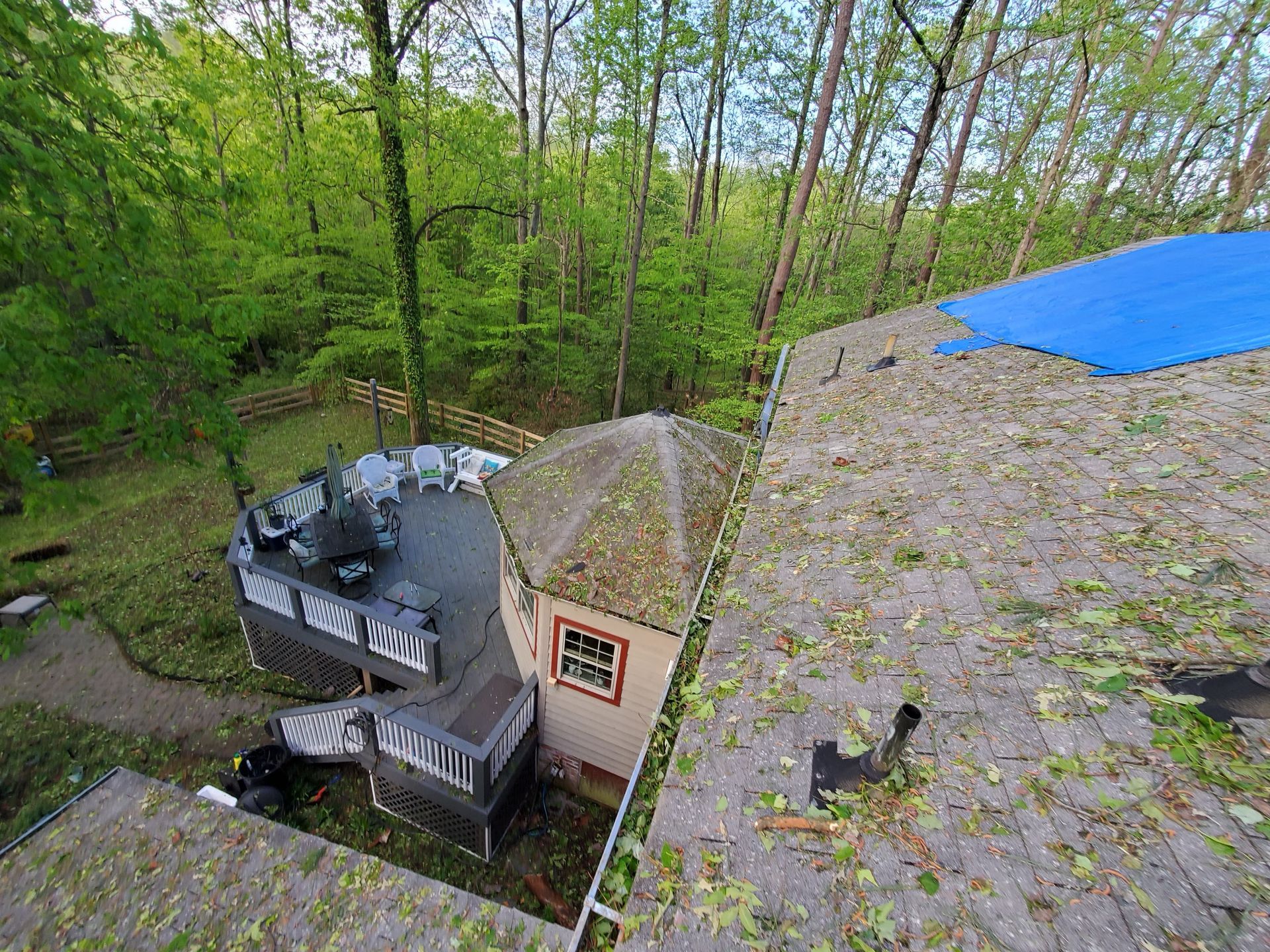 Damaged roof with blue tarp, debris, deck, and surrounding trees.