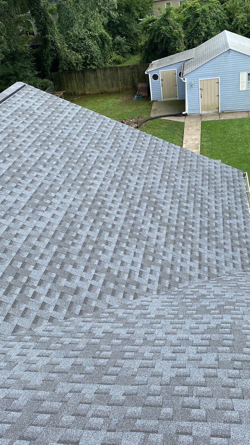 Gray asphalt shingle roof, angled view. Blue shed and yard in the background, surrounded by green trees.