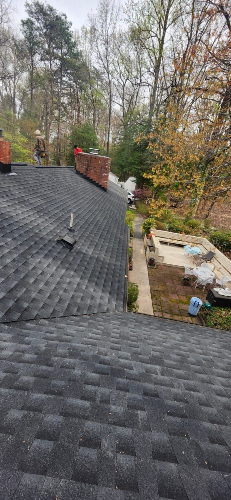 View of a house roof, brick chimney, and trees. Overcast sky.
