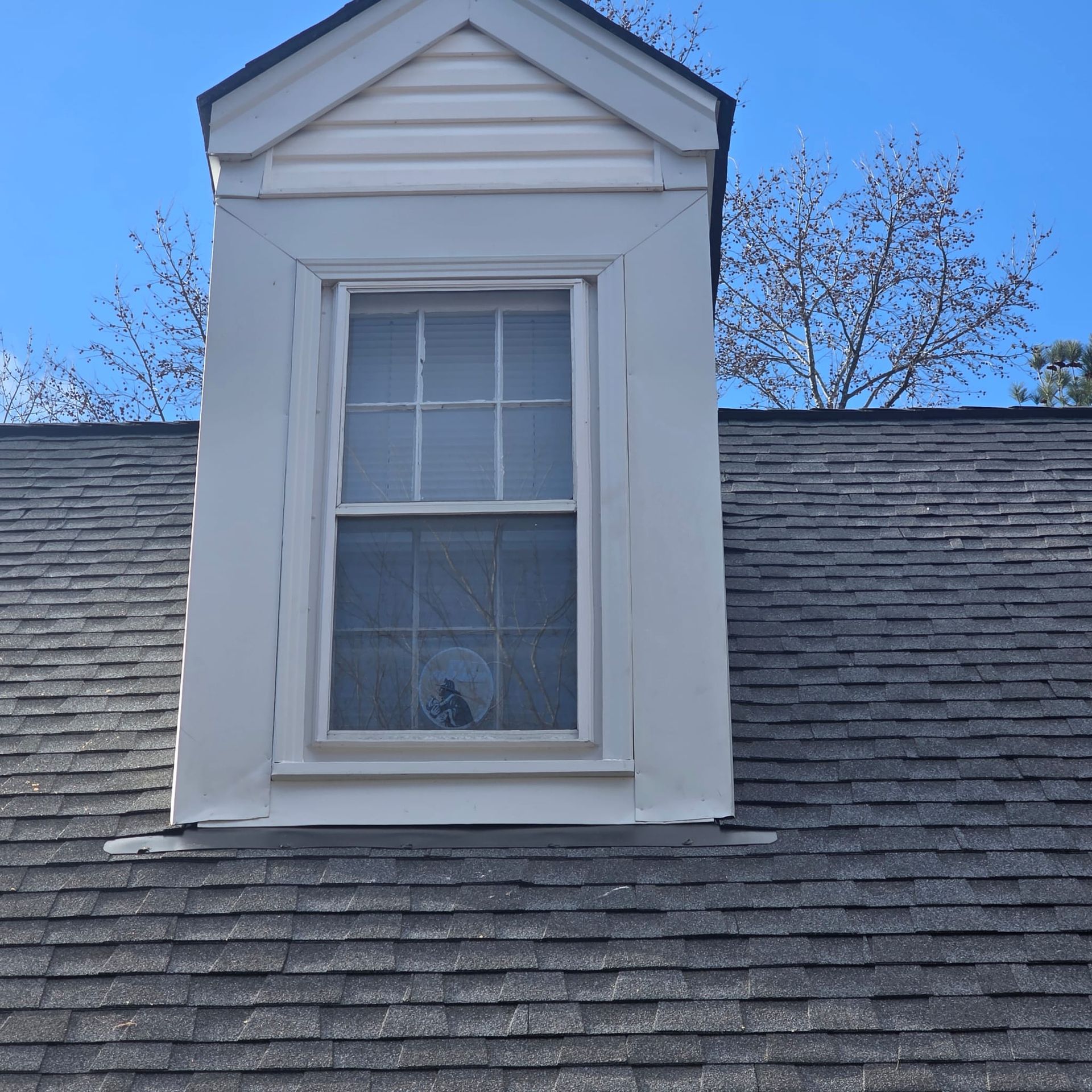 Dormer window on a gray shingled roof against a blue sky, surrounded by beige siding.