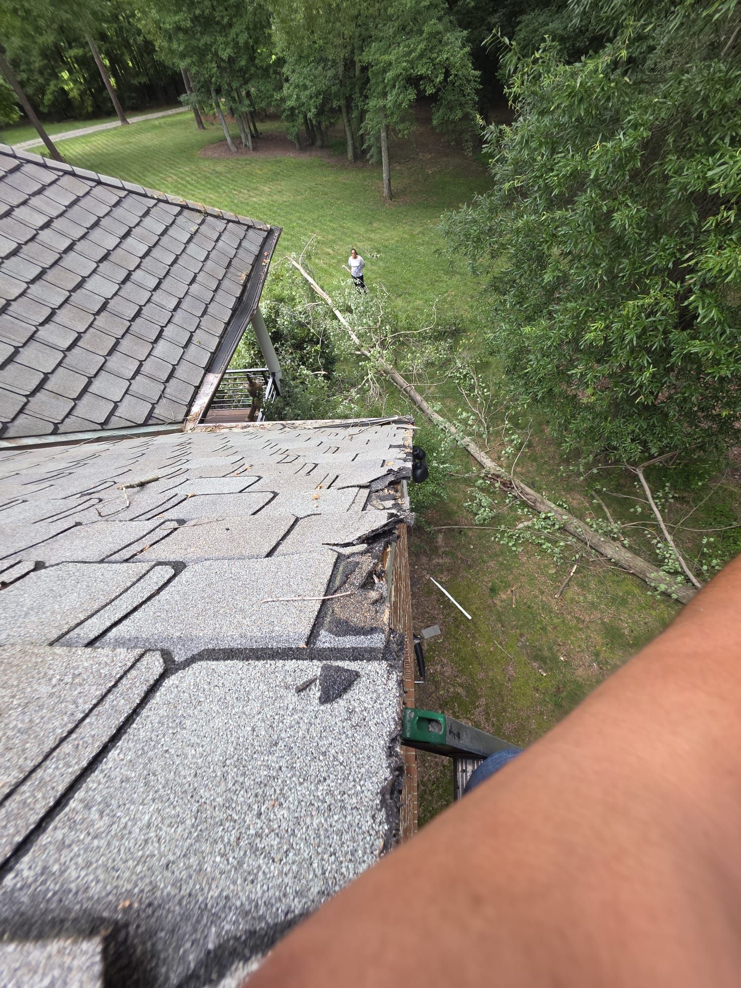 Damaged roof edge with missing shingles; person working on ground near a tree.