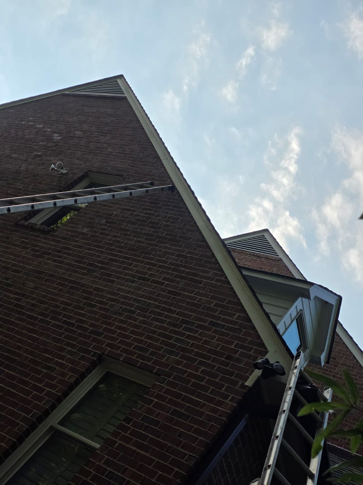 Ladder against a brick building, reaching the roof. A gutter and window are visible. Bright sky.