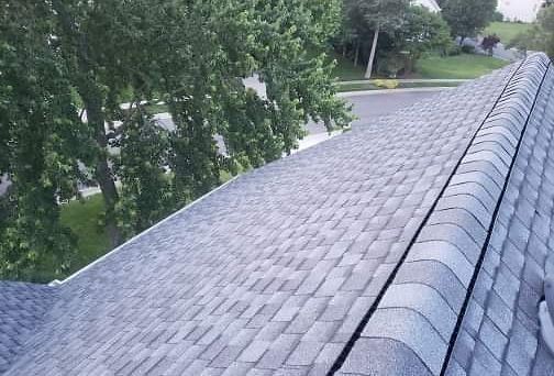Grey asphalt shingle roof on a house, angled view, tree and road in background.