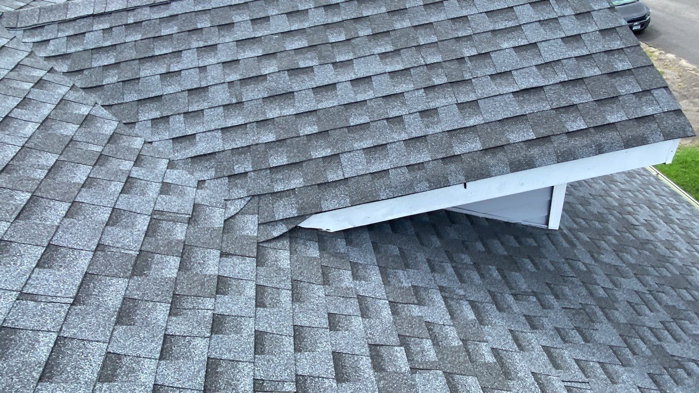 Gray asphalt shingle roof, with a white, angular overhang.