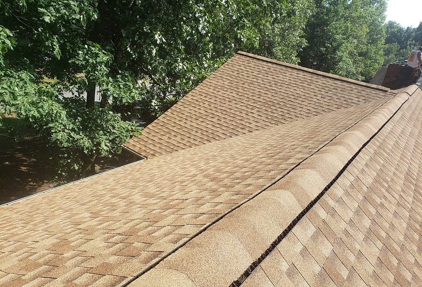 Brown asphalt shingle roof, angled view. Trees in background, sunny day.