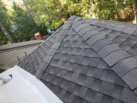 Gray asphalt shingle roof on a structure with trees in the background.