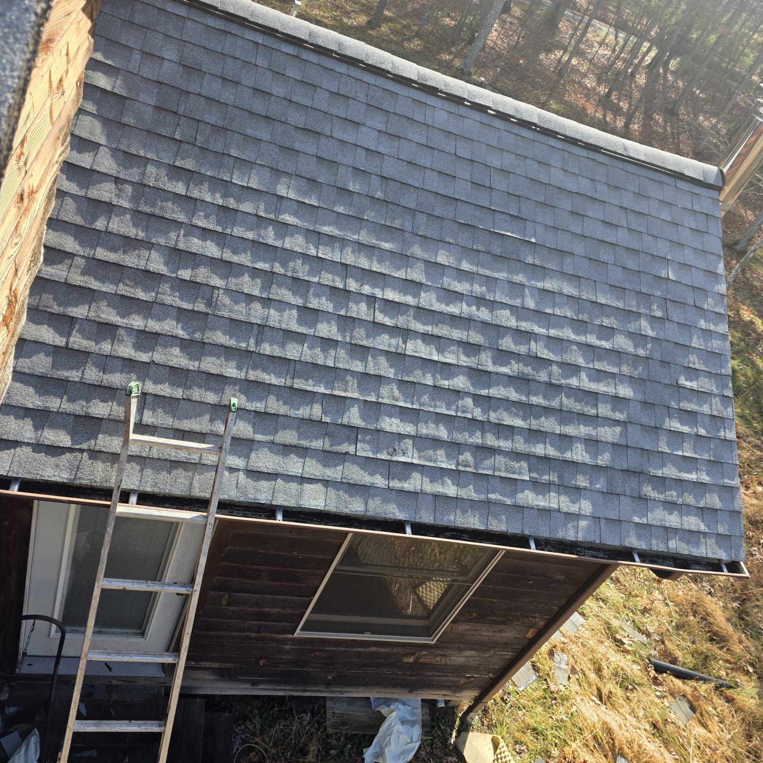 A roof with gray shingles, a skylight, and a ladder leaning against it.