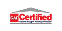 GAF Certified Weather Stopper Roofing Contractor logo. Red and white with a gray roof outline.