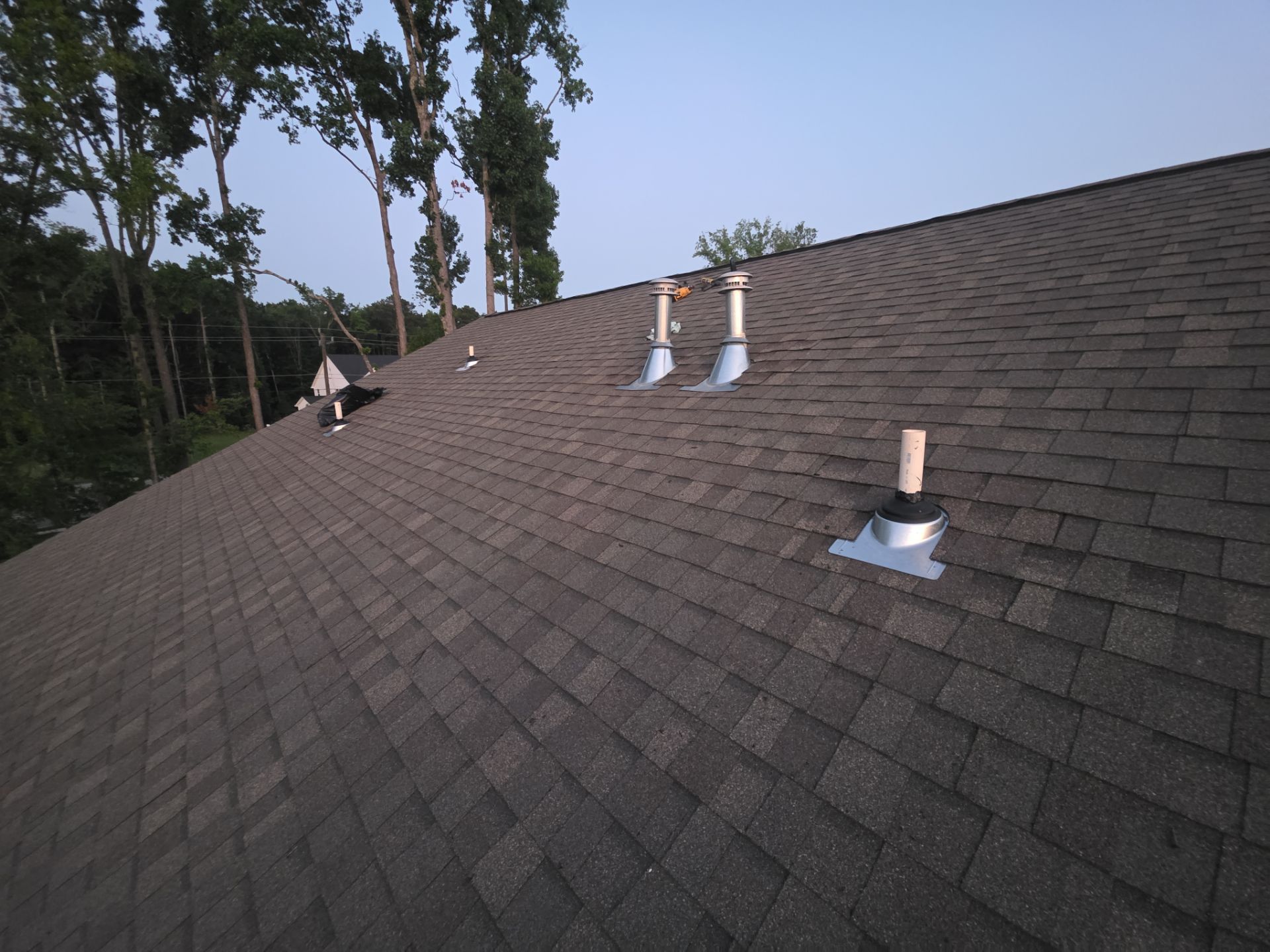 Roof with three white vent pipes and gray shingles, viewed at an angle near trees at dusk