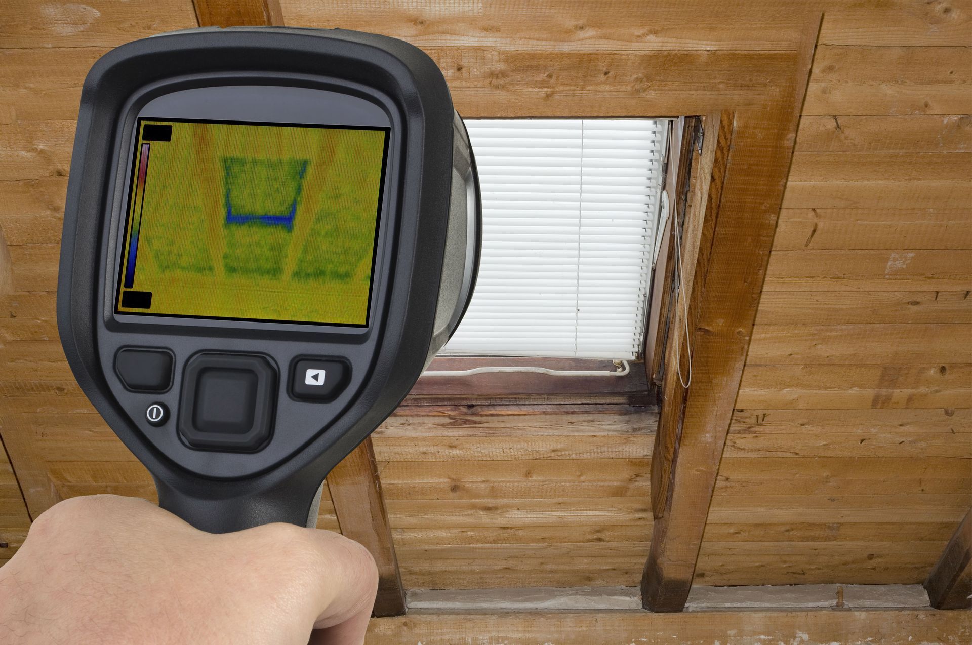 a hand is holding a thermal camera over a window