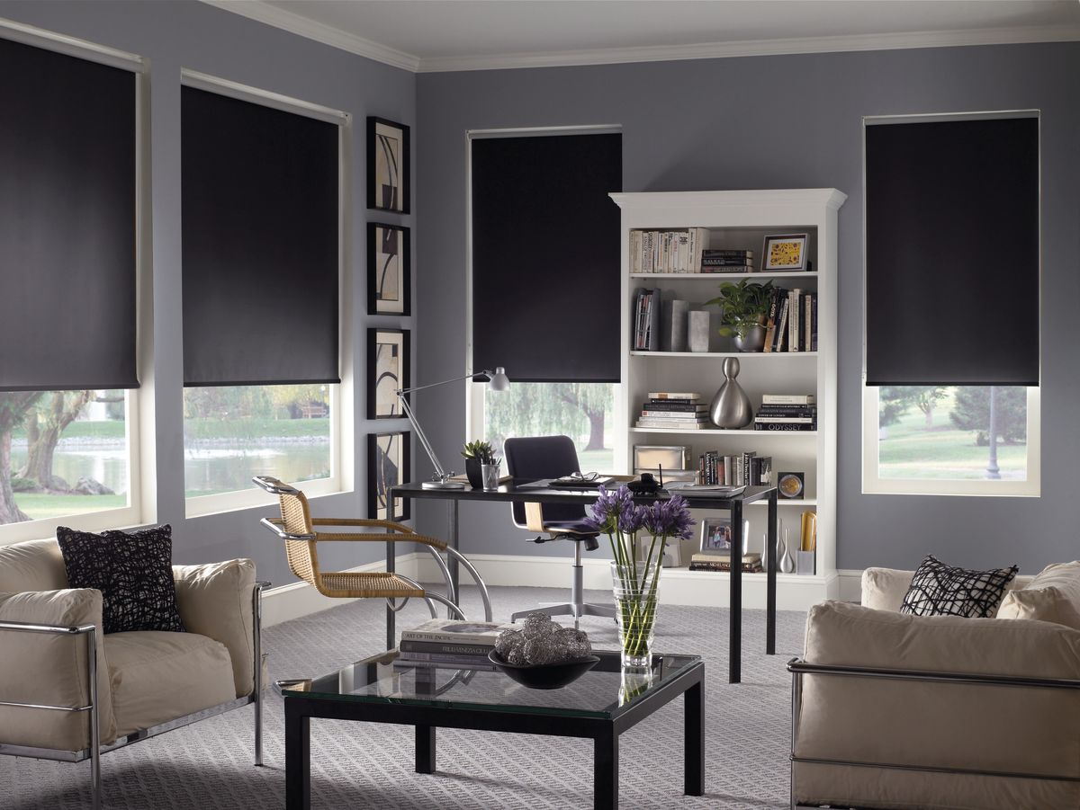 A living room with black blinds on the windows