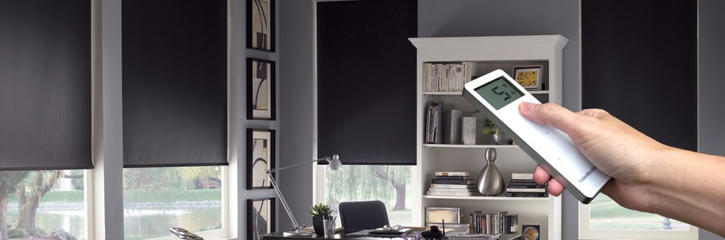 A person is holding a remote control in a living room.