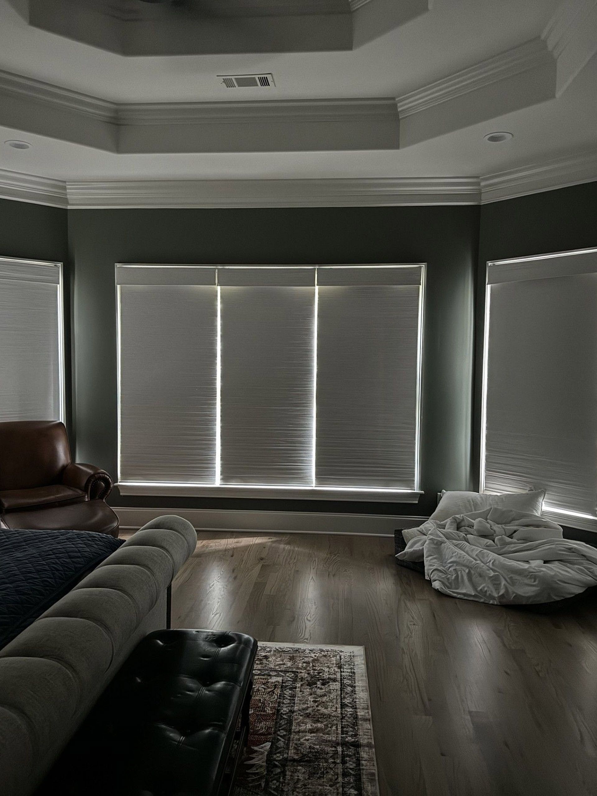 Living room with dark green walls, white blinds, and hardwood floors. A tufted ottoman and couch are in the foreground.