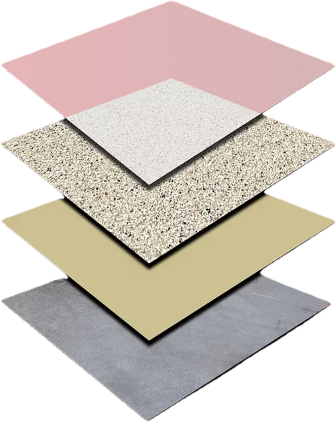 Stacked layered flooring samples in pink, speckled white, beige, and gray.