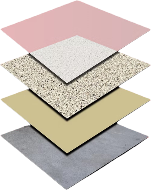 Stacked layered flooring samples in pink, speckled white, beige, and gray.