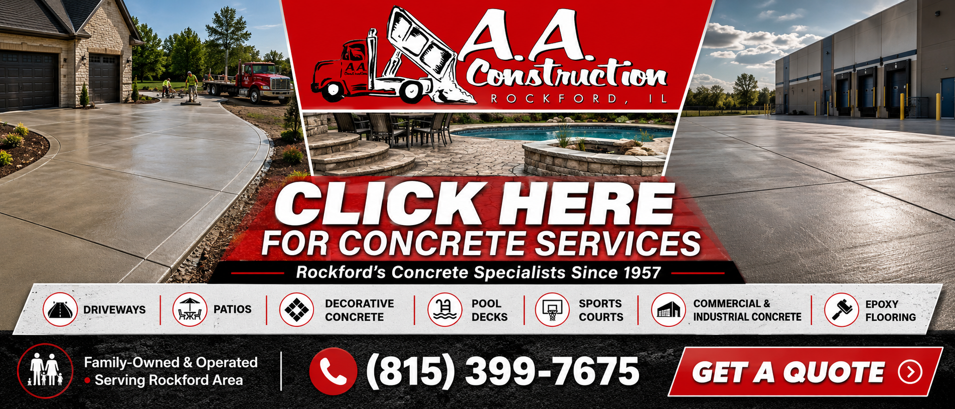 AA Construction ad with red Click Here for Concrete Services, phone number, and Get a Quote button.