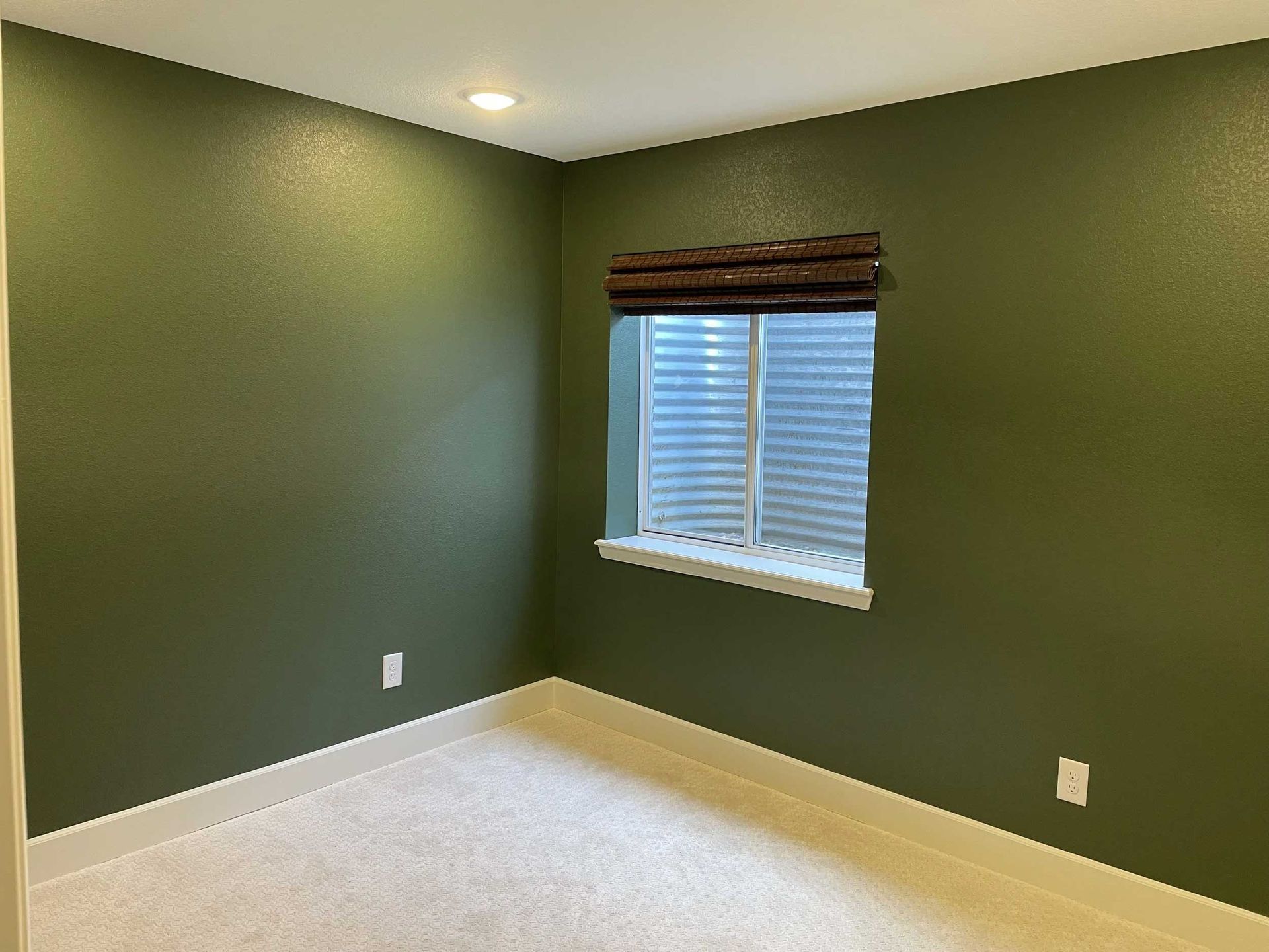 Green-walled room with a window and light-colored carpet. A Roman shade covers the window.