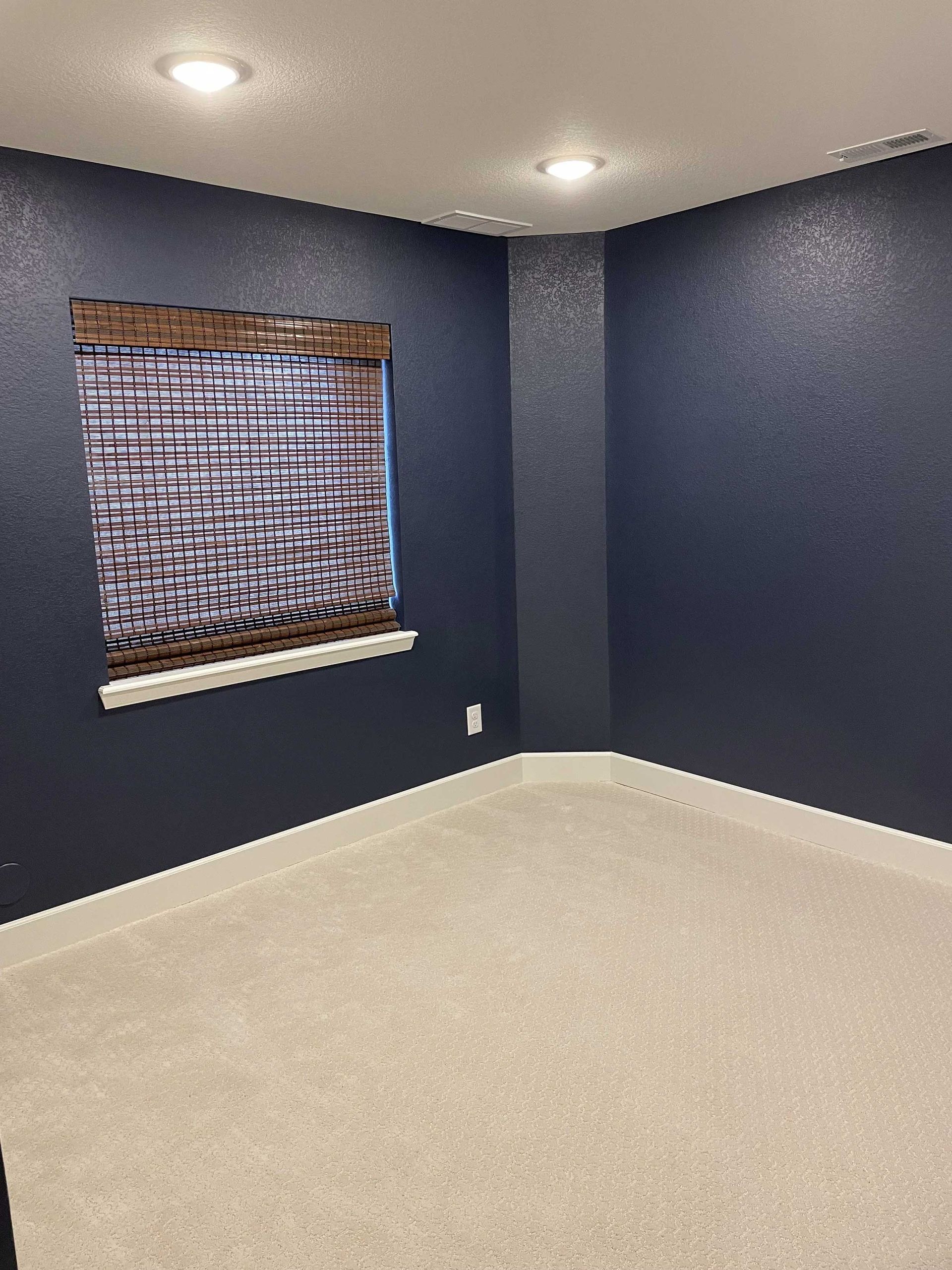 A dark blue bedroom with white trim and carpet. A window with a bamboo shade is on the left.