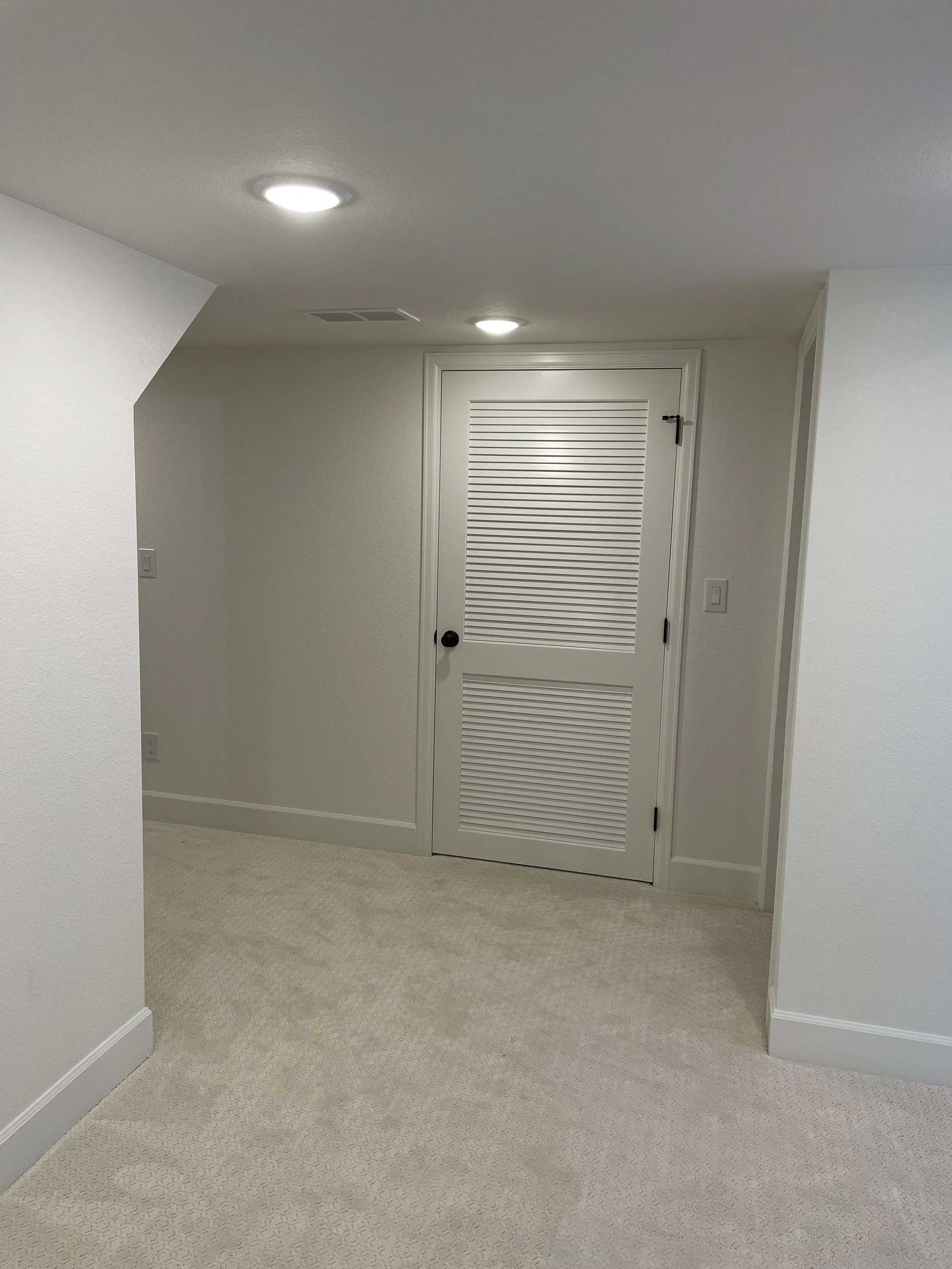 White-painted room with a textured carpet and a detailed white door. Two ceiling lights are visible.