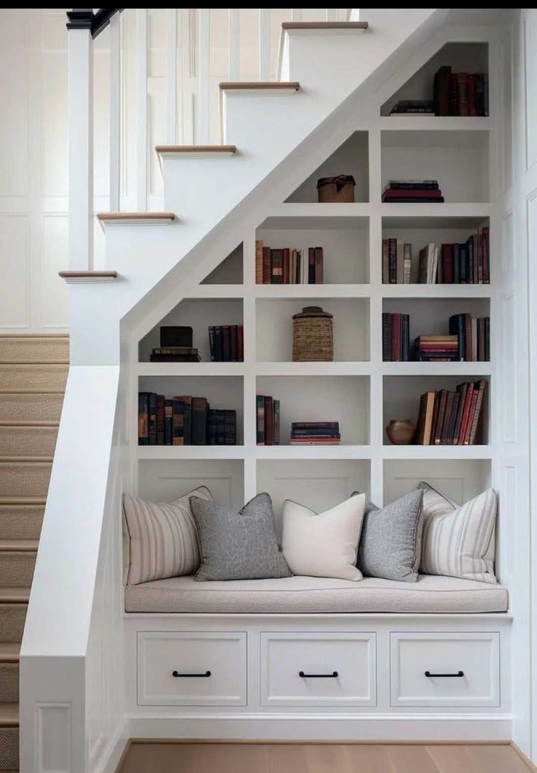 White built-in bookshelf and reading nook under stairs filled with books and pillows.