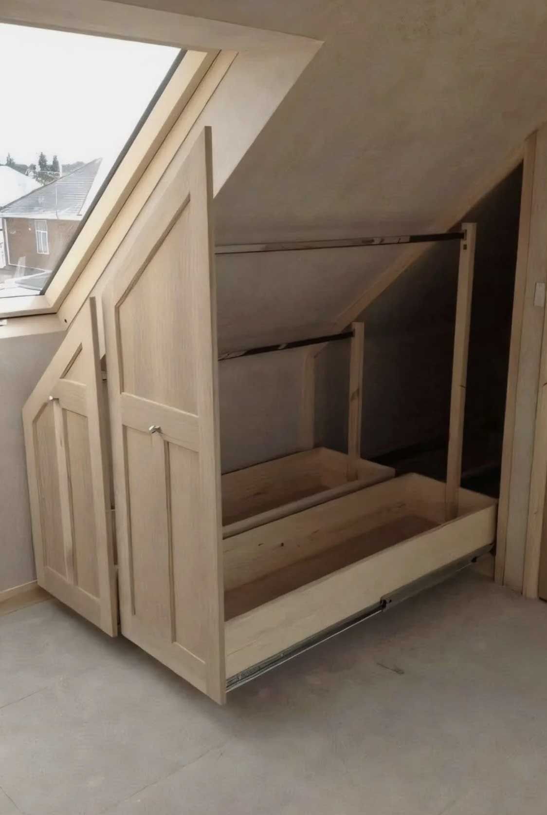Light wood built-in wardrobe with angled ceiling, open drawer, and closed doors.
