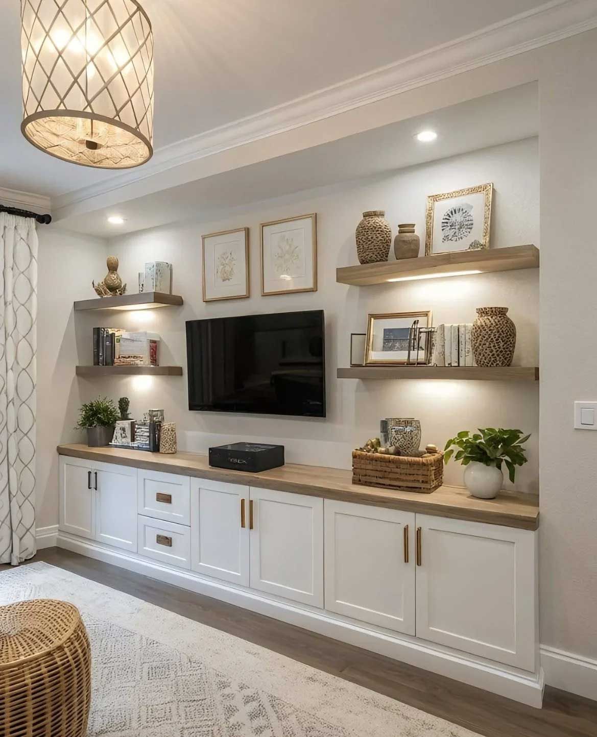 Built-in white entertainment center with open shelves, artwork, and a TV, set in a room with light walls and a woven light fixture.