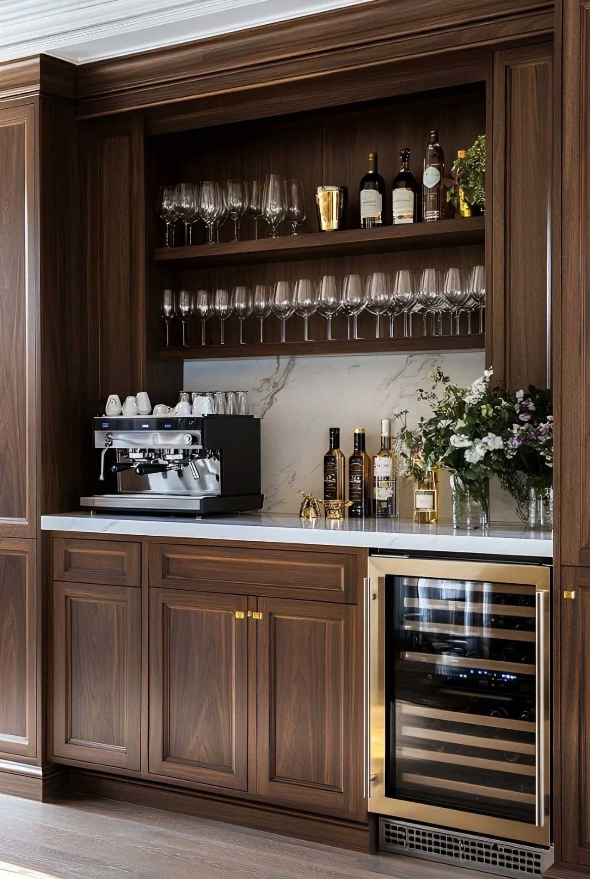 Wooden home bar with a wine fridge, coffee machine, and glassware.