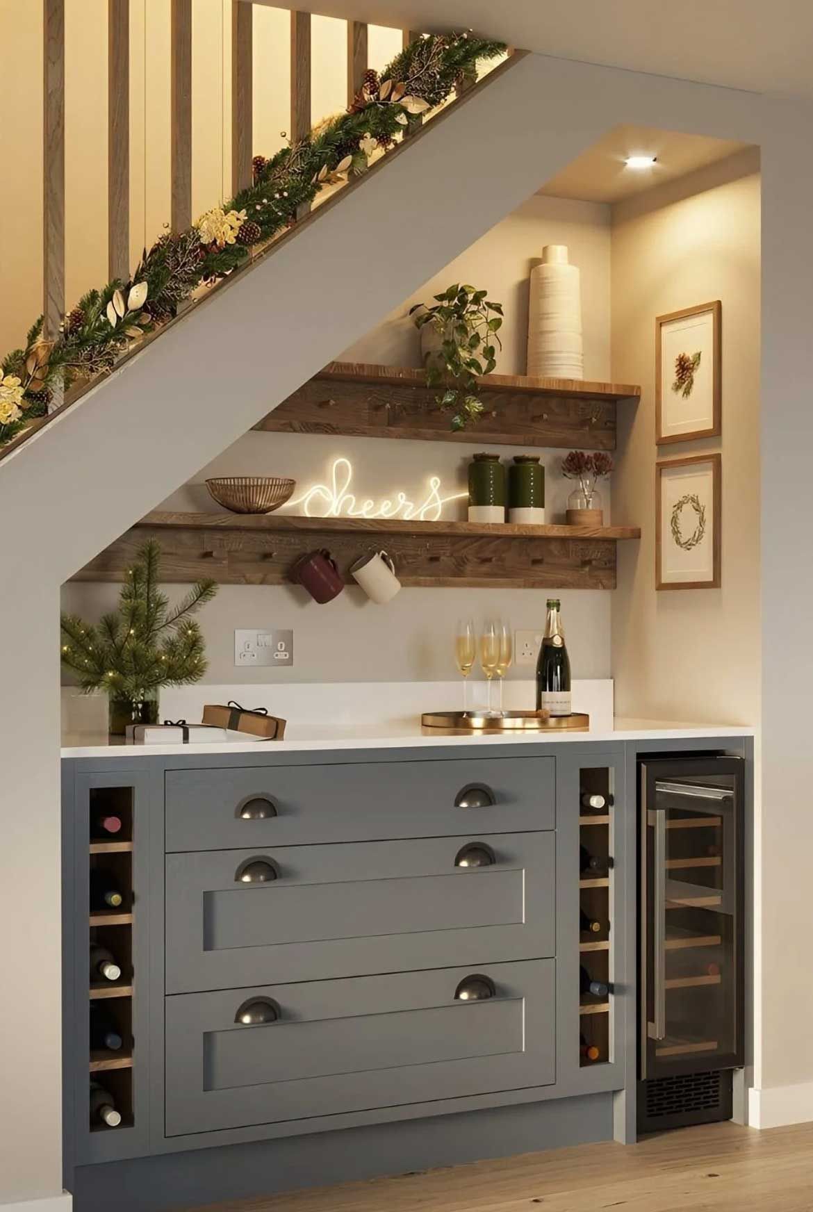 Cozy under-stair bar with gray cabinetry, wine rack, shelves with decor, and a wine fridge.