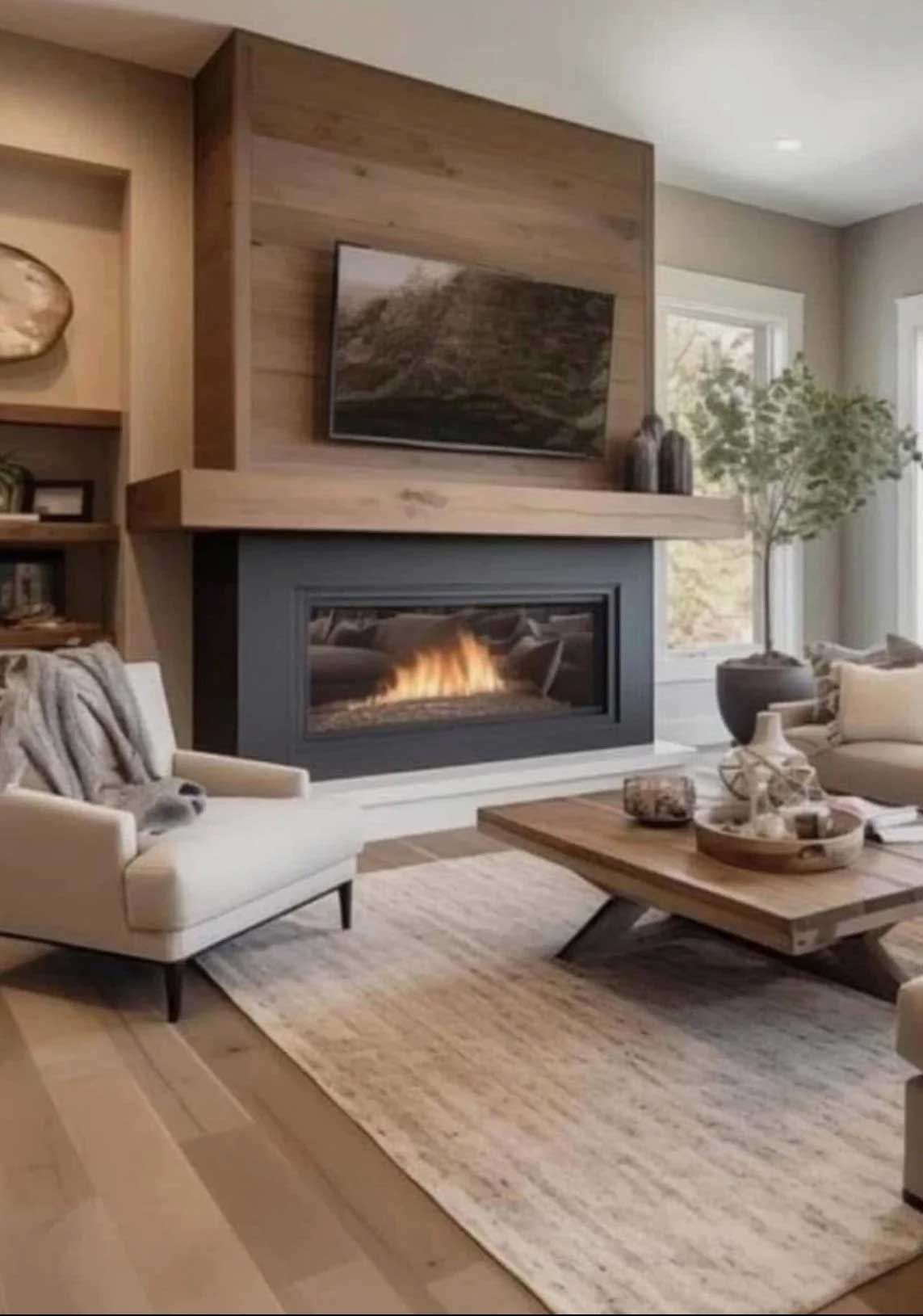 Cozy living room with a fireplace, TV, wooden mantle, and light-colored furniture.
